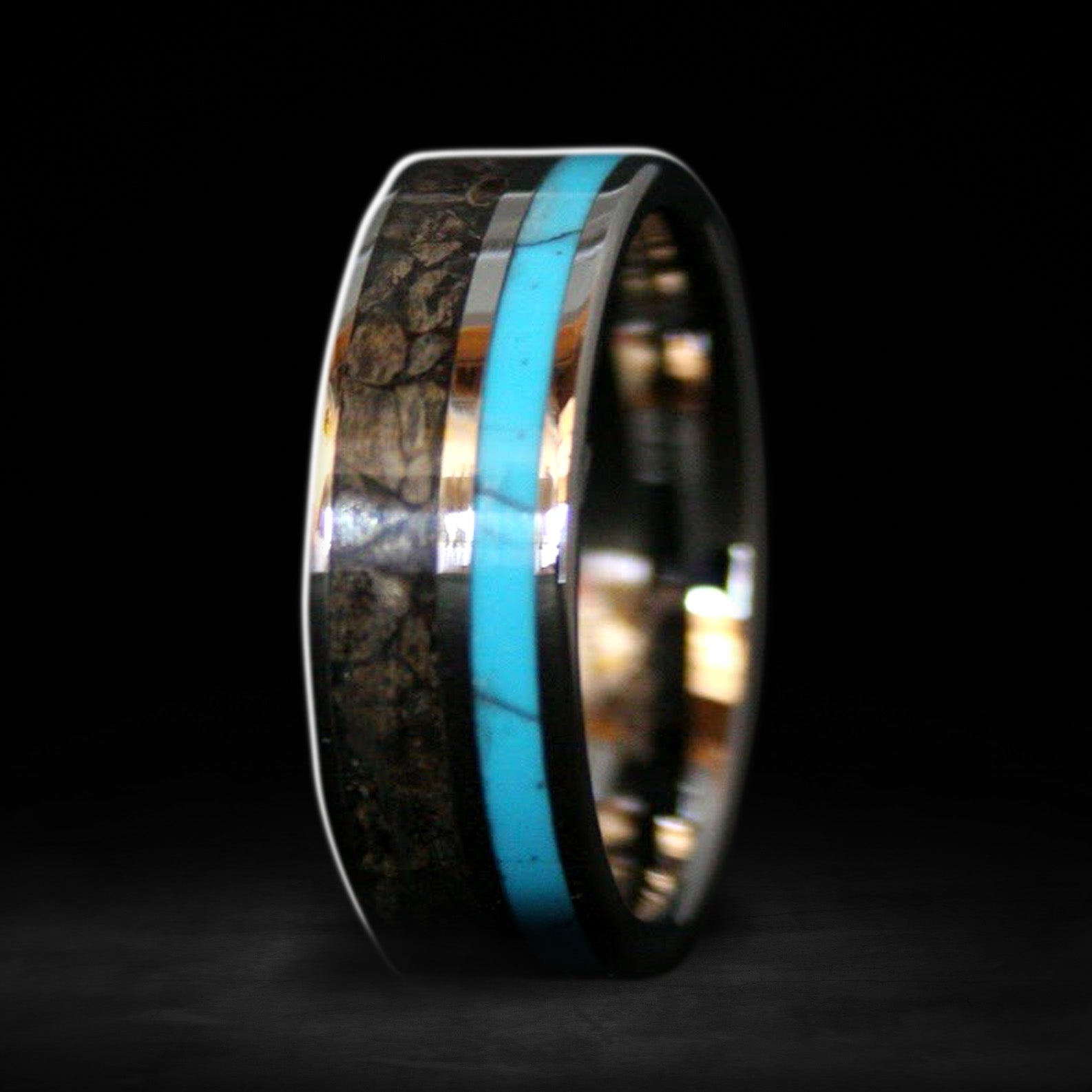 Turquoise Rex - 8mm Flat T-Rex Fossil & Turquoise Ring