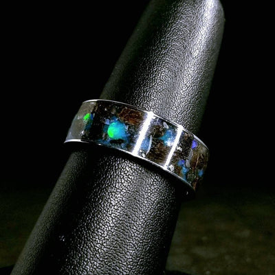 Serinium® Flat Band with 2mm Off-Center Opal Inlay and Pine Laser Engr –  kahnfinejewelry